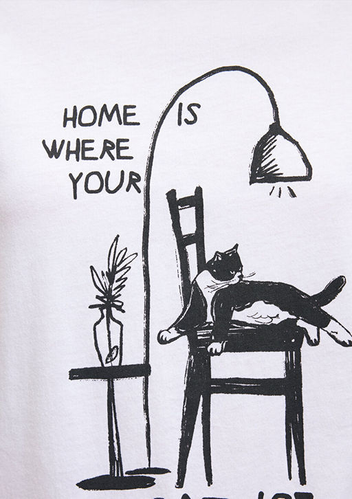 Kedi Bask?l? Beyaz Tisort - Mavi фото 6