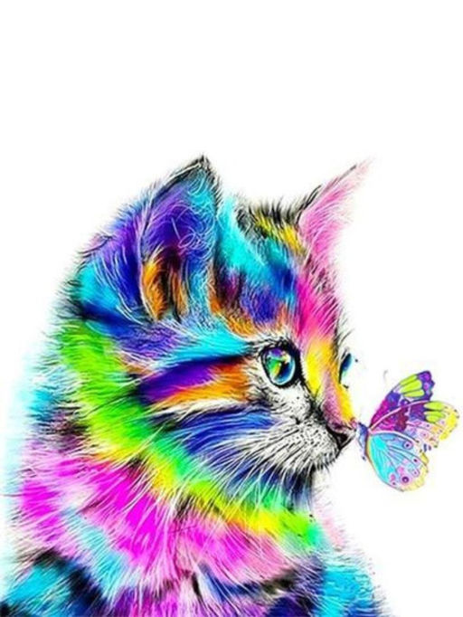 Алмазная мозаика без подрамника "Разноцветный котёнок с бабочкой", 15х20 см