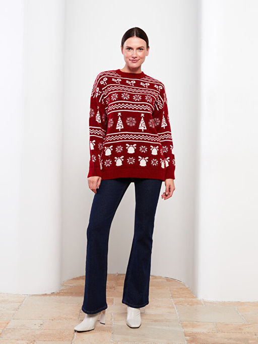 Bisiklet Yaka Y?lba?? Temal? Uzun Kollu Kad?n Triko Kazak