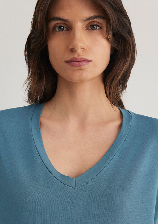 V Yaka Mavi Basic Viskoz Tisort фото 5