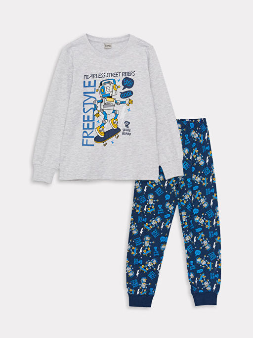 Bisiklet Yaka Bask?l? Uzun Kollu Erkek ?ocuk Pijama Tak?m?