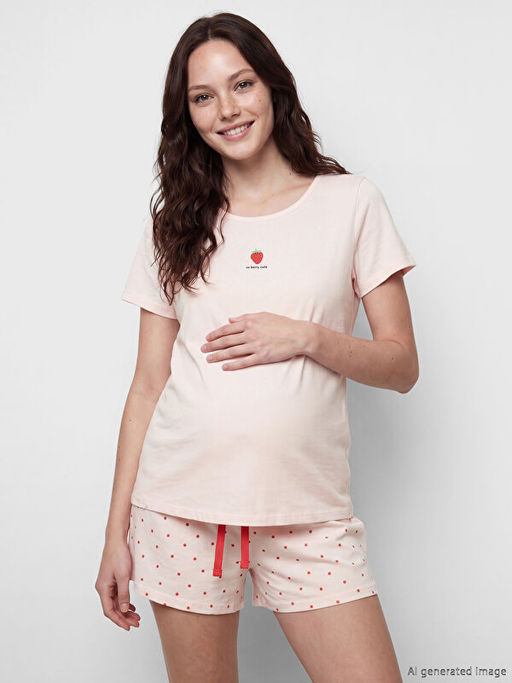 Bisiklet Yaka ?ilek Bask?l? Hamile ?ortlu Pijama Tak?m?