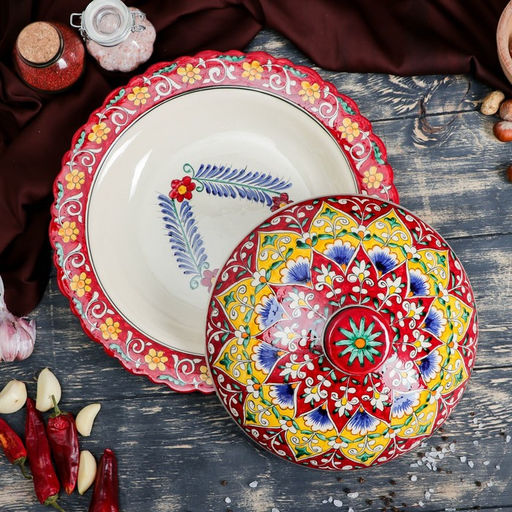 Блинница узбекская Риштанская Керамика «Цветы», d=32 см, красная