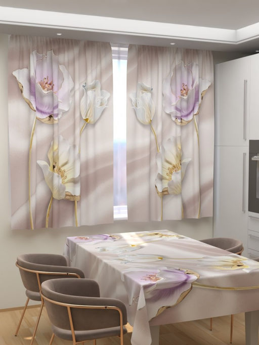 Фотошторы для кухни Цветы на шелке 1 Фотошторы ткань Димаут