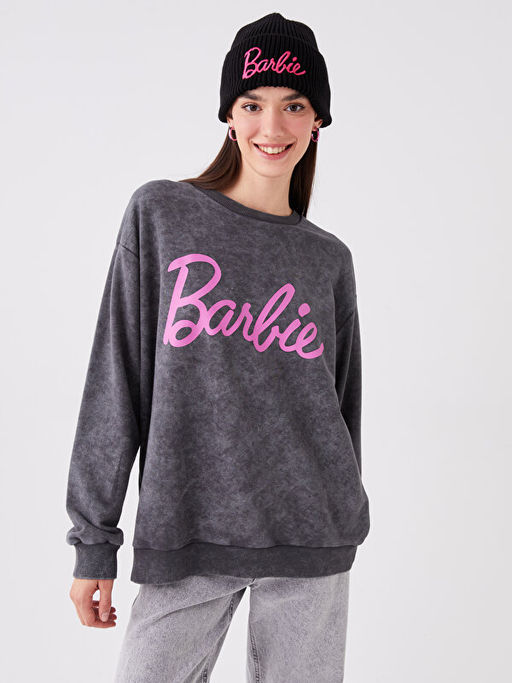 Bisiklet Yaka Barbie Bask?l? Uzun Kollu Oversize Kad?n Sweatshirt