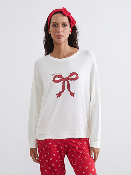 Bisiklet Yaka Fiyonk Bask?l? Kad?n Pijama Tak?m?