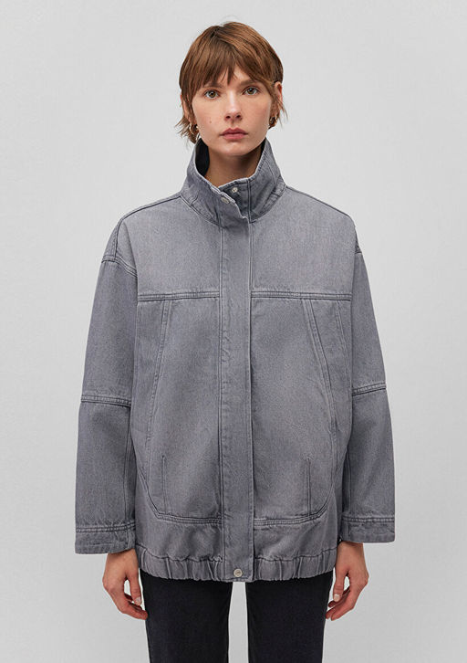Dik Yaka Gri Denim Ceket - Mavi фото 3