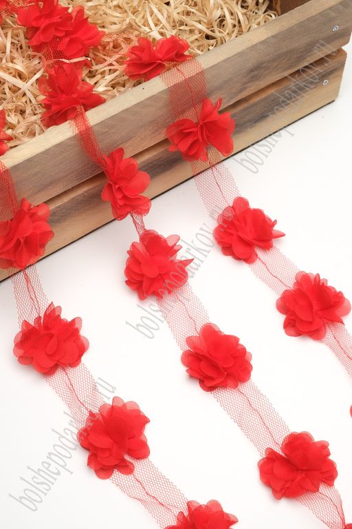 Цветочек шифоновый 4 см (35 шт) на ленте (SF-7042) красный №1