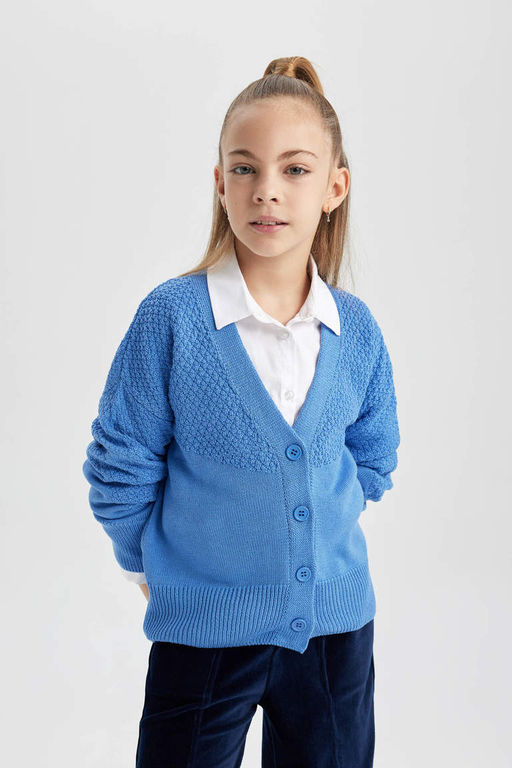 Трикотажный кардиган для девочек с V-образным вырезом - Defacto фото 3