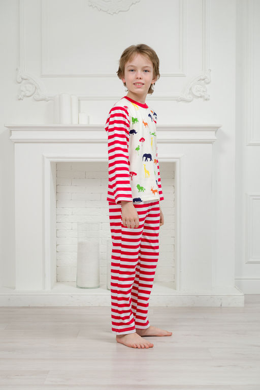 Пижама детская из джемпера и брюк без манжет из интерлока Сафари красный полоса - Амадэль фото 31