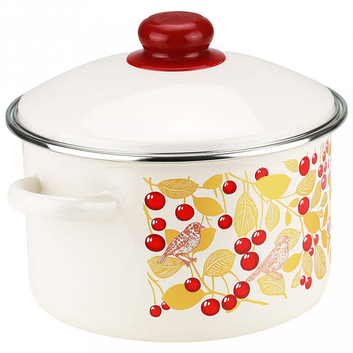 "Птички и вишня" Кастрюля эмалированная 3л, цилиндрическая форма, металлическая крышка, ободок из нержавеющей стали, бисквит (Россия)