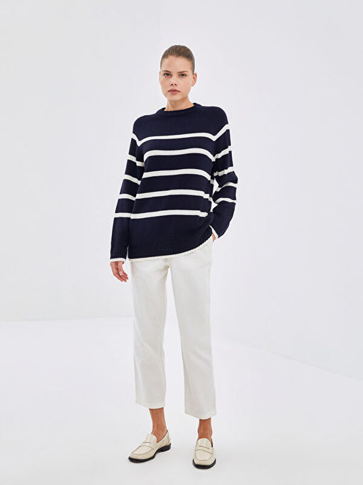 Bisiklet Yaka ?izgili Kad?n Triko Kazak