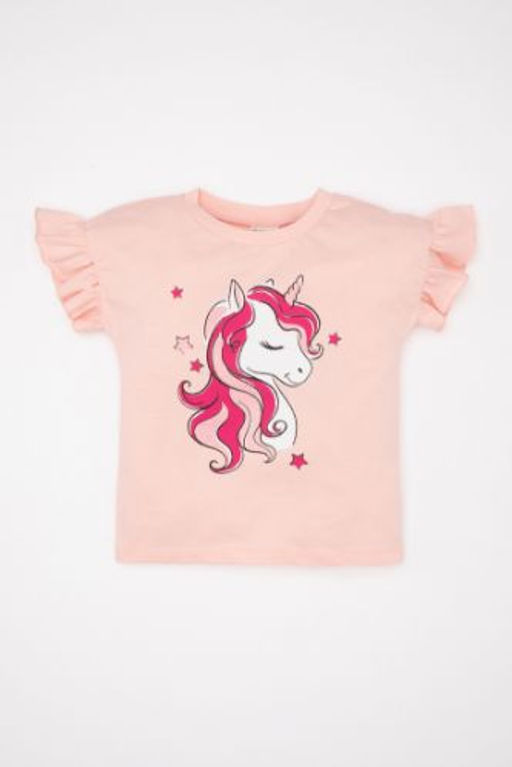 K?z Bebek Bisiklet Yaka Unicorn Bask?l? K?sa Kollu Tisort