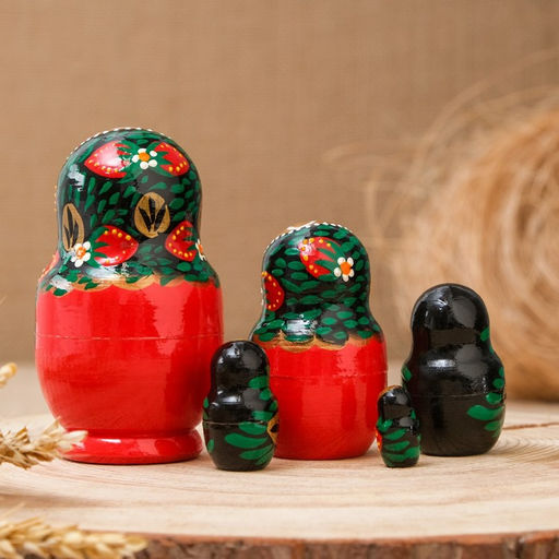 Матрёшка дерево «Хохлома», чёрный платок, красное платье, 5 кукольная, 10 см