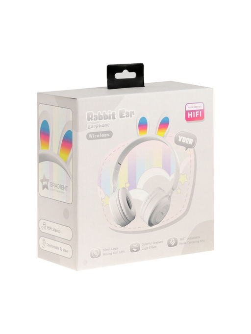 Наушники детские, беспроводные, накладные, с ушками зайца, Y08R, Bluetooth 5.1, с микрофоном, с подсветкой, 400 мАч, белые