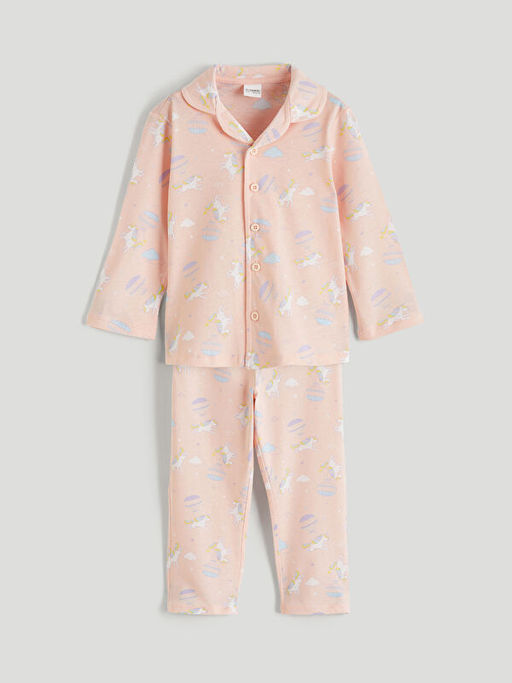 G?mlek Yaka Bask?l? K?z ?ocuk Pijama Tak?m?