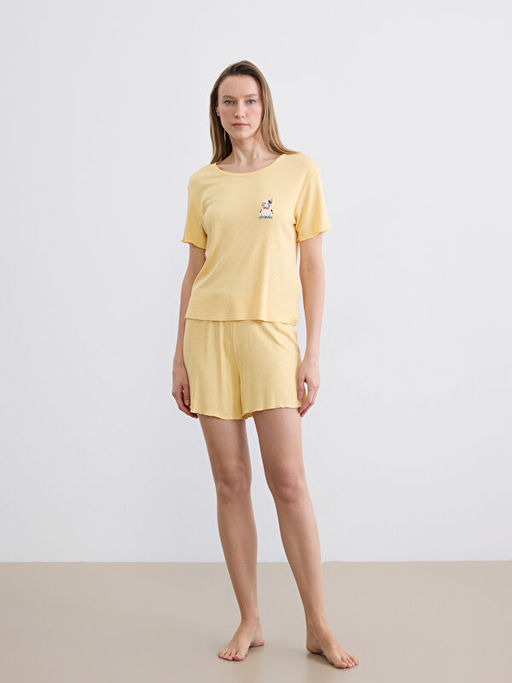 Bisiklet Yaka Nak??l? Kad?n ?ortlu Pijama Tak?m?