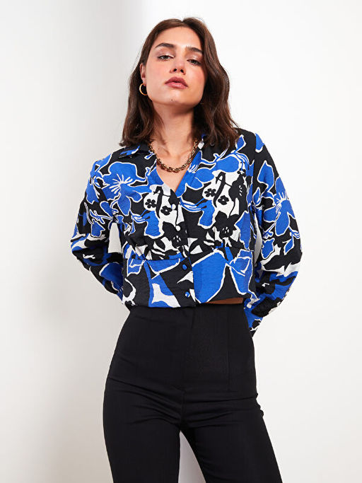 G?mlek Yaka Desenli Uzun Kollu Kad?n Bluz