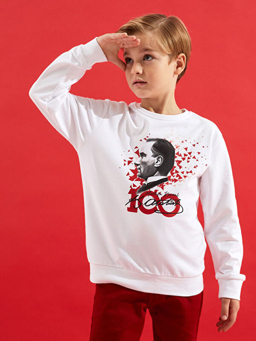 Bisiklet Yaka Atat?rk Bask?l? Uzun Kollu Erkek ?ocuk Sweatshirt - Waikiki фото 2