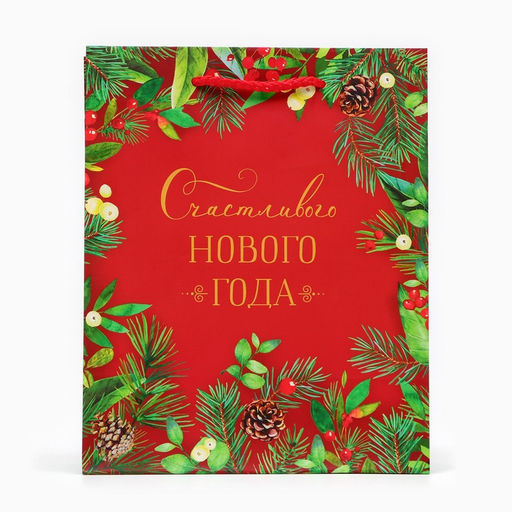 Цена за 2 шт. Пакет подарочный новогодний ламинированный «Счастливого Нового года», на красном, 18×22.3×10 см