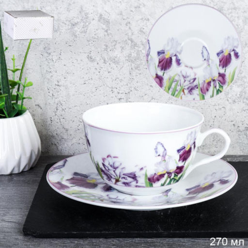 Чайная пара 2 предмета 270 мл тонкостенный Ирисы/ LY-1205 / в подарочной упаковке