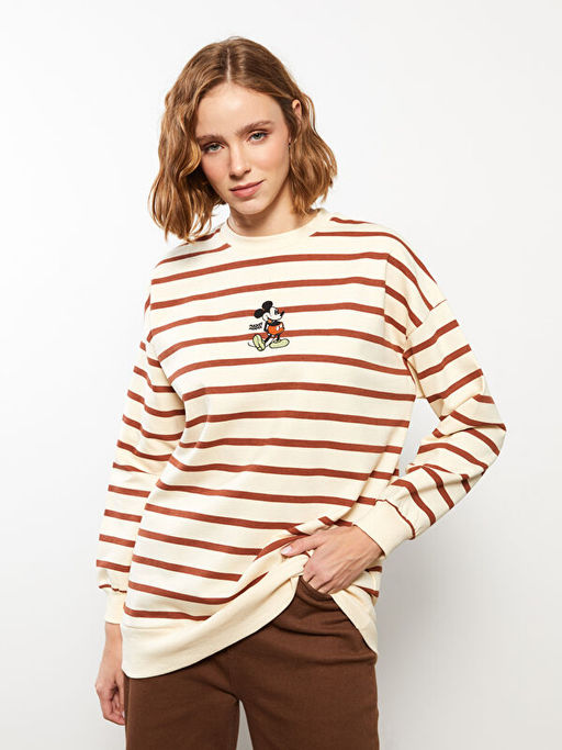 Bisiklet Yaka Mickey Mouse Nak??l? Uzun Kollu Kad?n Sweatshirt Tunik