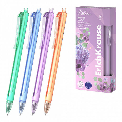 АКЦИЯ Цена за 12 шт. Ручка шариковая автоматическая ErichKrause Nymph Matic Pastel Bloom 0.7, цвет чернил синий (в коробке по 12 шт.)