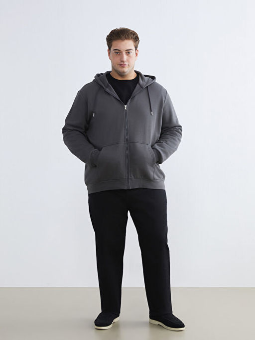 B?y?k Beden Kap??onlu Erkek Kal?n Fermuarl? Sweatshirt