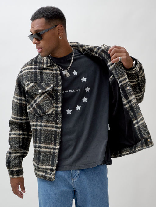 Куртка рубашка шерстяная в клетку мужская демисезонная черного цвета 58596Ch