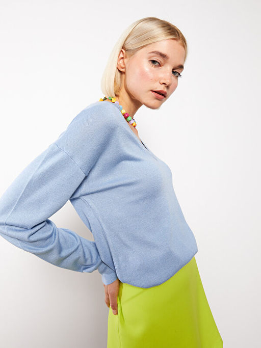 V Yaka D?z Uzun Kollu Kad?n Triko Kazak