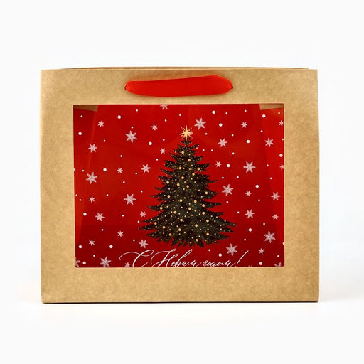 Цена за 2 шт. Пакет подарочный новогодний крафтовый с пластиковым окном «Новогоднее чудо», 24×20×11 см