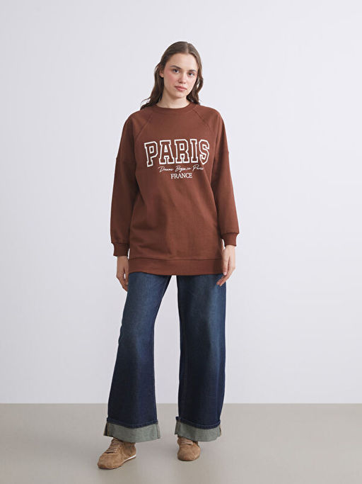 Bisiklet Yaka Paris Bask?l? Oversize Kad?n Sweatshirt Tunik