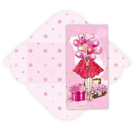 Цена за 5 шт.Конверт для денег "Без текста" (7721) уф-лак, блестки "Девушка с шариками"