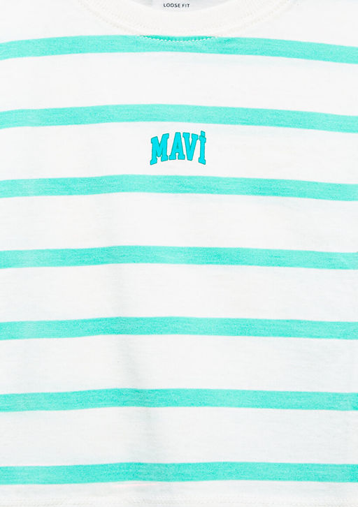 Mavi Logo Bask?l? Yesil Cizgili Crop Tisort  фото 3