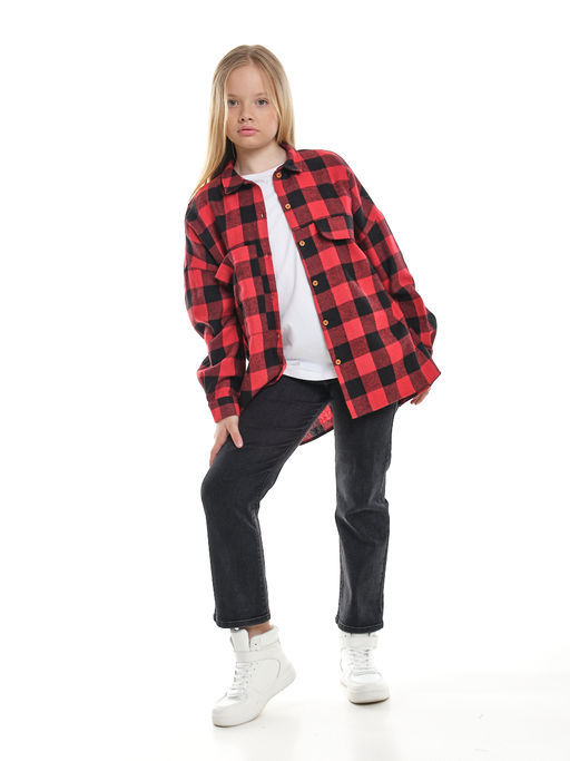 Рубашка в клетку оверсайз с длинным рукавом (128-146см) 22-7462 красная клетка - Mini maxi фото 6