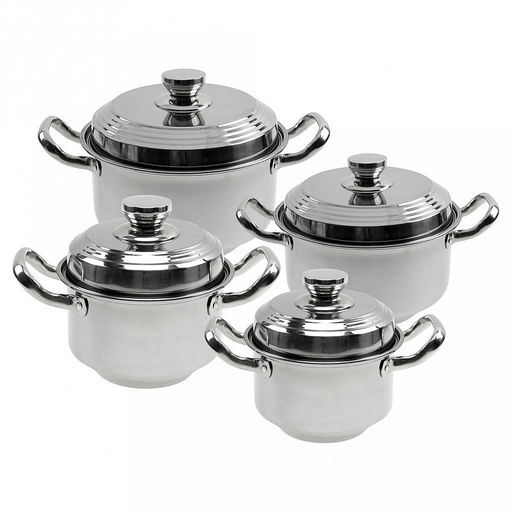 "Сидней" Набор кастрюль из нержавеющей стали 4 штуки: д18см h11см 1,8л; д20см h11,5см 2,4л; д21,5см h12,5см 3,3л; д24см h13,3см 4,2л, s0,80мм, крышки и ручки нержавеющая сталь, без теплораспределительного дна, цветная коробка (Китай)