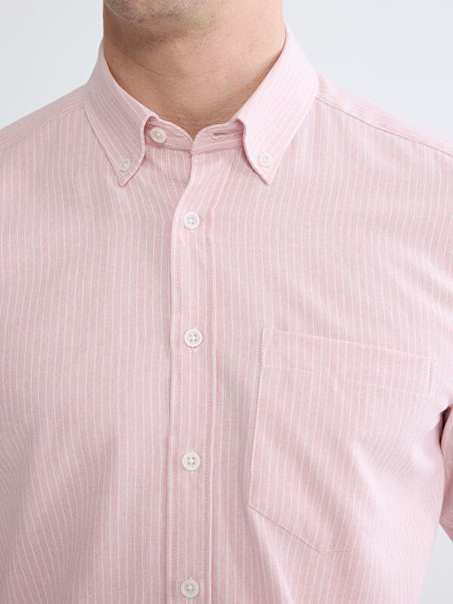 Regular Fit ?izgili Keten G?r?n?ml? Erkek G?mlek