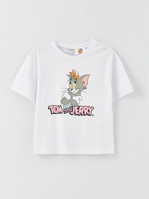 Bisiklet Yaka Tom ve Jerry Bask?l? K?sa Kollu K?z ?ocuk Ti??rt