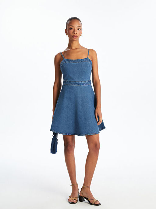 Kare Yaka Mini Jean Elbise