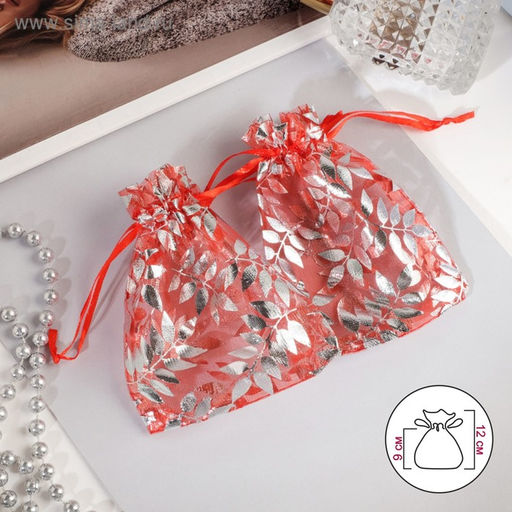 Цена за 100 шт. Мешочек подарочный Веточки 10x12, цвет красный с серебром - Simaland фото 2
