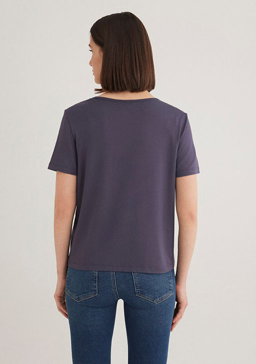 V Yaka Gri Basic Tisort - Mavi фото 4
