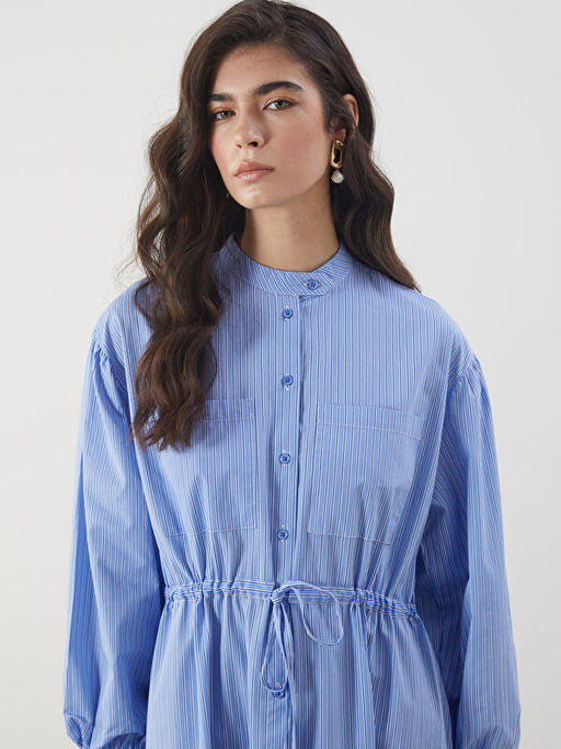 Hakim Yaka ?izgili Poplin G?mlek Elbise