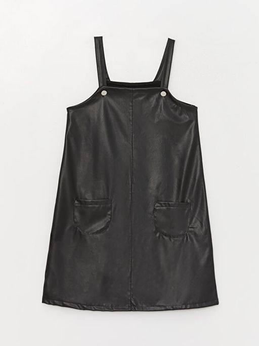 Kare Yaka Deri G?r?n?ml? K?z ?ocuk Elbise