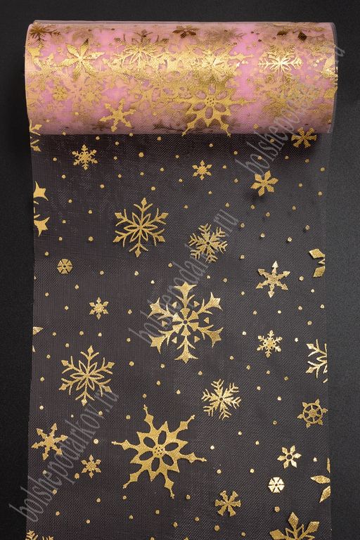 Фатин Снежинки 15 см*15 ярд (SF-3776) розовый/золото