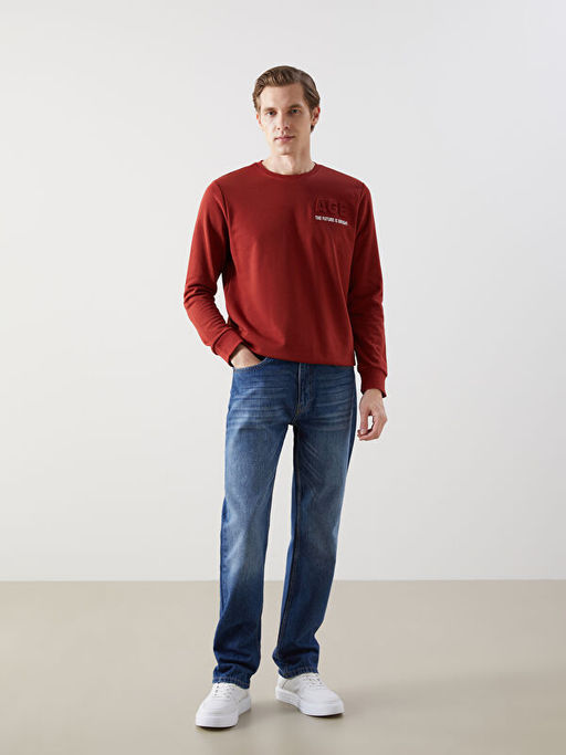 Bisiklet Yaka Uzun Kollu Bask?l? Erkek Sweatshirt