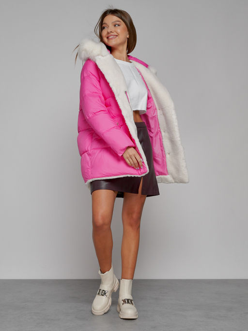 Куртка зимняя женская модная с мехом розового цвета 133120R - Visdeer фото 14