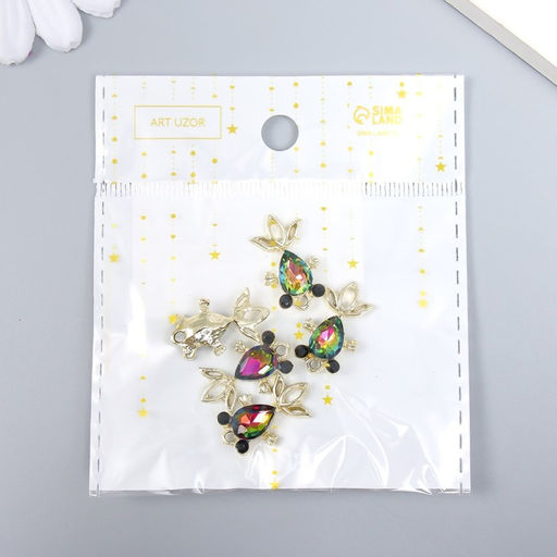 Цена за 5 шт. Декор для творчества металл, стразы "Рыбка голография" золото 2,1х1,2х0,2 см