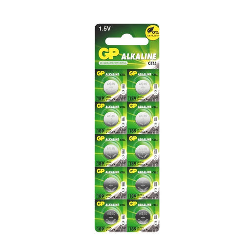 Батарейка алкалиновая GP, 189-10BL (Аналоги: LR54, G10, V10GA, LR1130, 189), 1.5 В,10 шт.