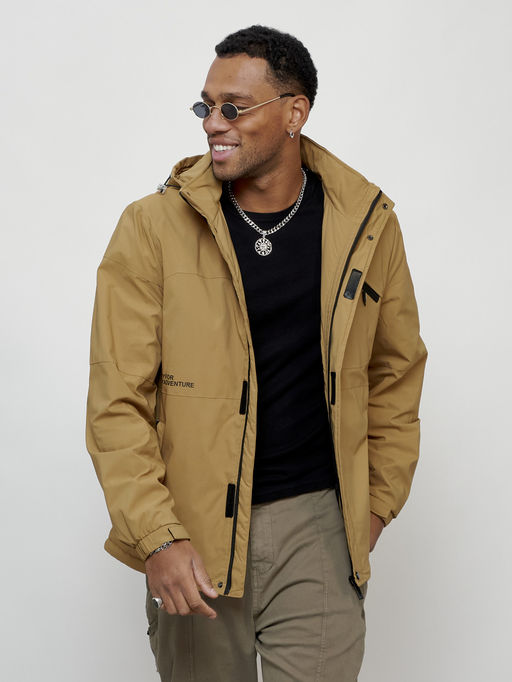 Куртка спортивная мужская весенняя с капюшоном бежевого цвета 88021B