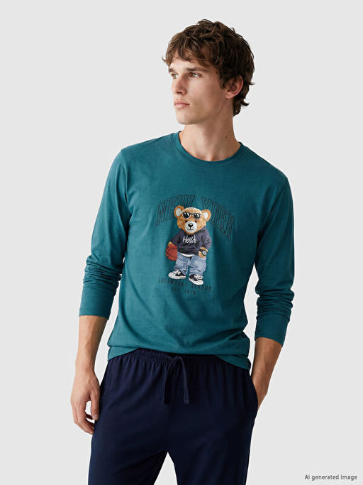 Regular Fit Teddy Bask?l? Erkek Pijama Tak?m?